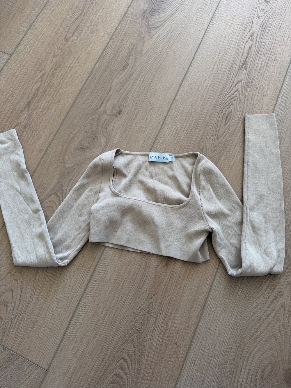 Aya Muse Beige Long-Sleeve Cropped Square Neck Top